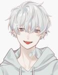  1boy absurdres bandaid ear_piercing highres hood hoodie male_focus original pale_skin piercing purple_eyes sticker w@i white_hair white_hoodie 