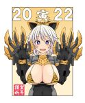  1girl 2022 animal_ears animal_print bikini bikini_top blue_eyes blush breasts bright_pupils character_request chinese_zodiac claw_pose fangs frame_arms_girl hands_up happy_new_year highres imagawa_akira large_breasts looking_at_viewer micro_bikini new_year print_bikini short_hair smile solo swimsuit tiger_ears tiger_print white_hair year_of_the_tiger 