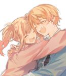  1boy 1girl blonde_hair blue_cardigan brother_and_sister cardigan closed_eyes collared_shirt commentary_request facing_another hair_between_eyes hand_on_another's_shoulder highres hug kamiyama_high_school_uniform_(project_sekai) long_hair long_sleeves open_mouth orange_hair pink_cardigan project_sekai school_uniform shirt short_hair siblings simple_background smile sseri_0 teeth tenma_saki tenma_tsukasa twintails upper_teeth_only white_background white_shirt 