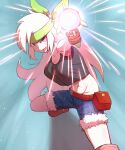  1girl abs blue_shorts blush brown_bag commentary_request denim fanny_pack glowing green_headband grey_shirt headband highres holding holding_weapon humanization kirby:_right_back_at_ya! kirby_(series) kurachi_mizuki long_hair open_mouth purple_eyes shirt shorts sirica_(kirby) sleeveless sleeveless_shirt smile solo stomach weapon white_hair 