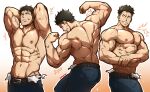 1boy abs absurdres akitaru_oubi armpits arms_behind_head back bara belt black_hair commentary double_biceps_pose en'en_no_shouboutai english_commentary flexing highres kuroshinki large_pectorals male_focus multiple_views muscular muscular_male navel nipples pectorals short_hair simple_background topless_male undercut veins veiny_arms 