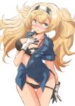  1girl black_bra black_panties blonde_hair blue_eyes blue_shirt bra breasts collared_shirt cowboy_shot fuji_(pixiv24804665) gambier_bay_(kancolle) hairband highres kantai_collection large_breasts looking_at_viewer panties panty_pull shirt simple_background solo star_(symbol) star_print twintails underwear upper_body white_background 