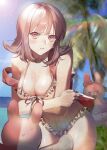  1girl backpack bag bangs bare_shoulders beach bikini breasts brown_bikini brown_eyes brown_hair cleavage commentary_request crossed_arms danganronpa_(series) danganronpa_2:_goodbye_despair day diaper ear_bow flipped_hair front-tie_bikini front-tie_top highres jaehyou large_breasts looking_at_viewer mole mole_on_breast monomi_(danganronpa) nanami_chiaki no_hair_ornament official_alternate_costume outdoors palm_tree pink_bag pout reflection shiny shiny_hair solo_focus sunlight swimsuit tree white_background 