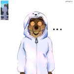  ... anthro black_eyebrows brown_body brown_fur canid canine canis clothed clothing dialogue dreamworks eyebrows fur hi_res kigurumi looking_at_viewer male mammal mr._wolf_(the_bad_guys) onesie ringsfox simple_background solo the_bad_guys white_background wolf yellow_eyes zipper 