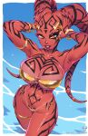  1girl alien armor artist_name bikini bracelet breasts colored_skin darth_talon full-body_tattoo gold_armor gold_bikini gold_bracelet gold_ring gold_thighlet highres huge_breasts jewelry kajin_(kajinman) looking_at_viewer navel patreon_username red_skin star_wars swimsuit tattoo tribal_tattoo twi&#039;lek water web_address 