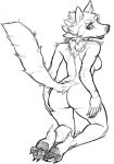  2021 anthro back_boob breasts butt canid canine canis claws digitigrade female fur hands_on_thighs hi_res inner_ear_fluff kneeling lakeslug looking_back mammal neck_tuft open_mouth pawpads raised_tail solo spread_knees teeth toe_claws tuft wolf 