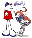  1boy 1girl ahoge dress english_text gloves heart highres homestar_runner homestar_runner_(character) joints long_hair negiwave2000 outfit_connection red_eyes red_hair robot_joints sf-a2_miki smile socks sparkle speech_bubble strapless strapless_dress striped_clothes striped_gloves striped_socks tube_dress vocaloid white_background white_dress wrist_cuffs 