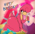 2025 3_toes 4_fingers amphibian anthro big_butt birthday bloodylepus blurred_background butt cream_belly digital_media_(artwork) english_text eyelashes eyeshadow eyewear eyewear_only feet fingers glasses glasses_only grin happy_birthday heart_speech_bubble heart_symbol hi_res holding_object huge_butt kneeling looking_back makeup male narrowed_eyes no_irises nude octii party_horn pink_body pink_eyeshadow pink_skin round_glasses salamander sharp_teeth short_tail side_view smile solo speech_bubble tail teeth text thick_thighs toes wearing_glasses