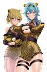  2girls :&lt; @_@ absurdres alternate_costume animal_ears animal_print bangs bare_shoulders belt black_belt black_gloves blonde_hair blue_eyes blue_hair blush breasts buckle cleavage closed_mouth clothing_cutout collarbone crossed_arms embarrassed eula_(genshin_impact) eyelashes fake_animal_ears feet_out_of_frame fishnet_legwear fishnets genshin_impact gloves hair_ribbon hairband highres holding_own_arm jean_(genshin_impact) lace-trimmed_gloves lace_trim large_breasts long_hair looking_at_viewer multiple_girls open_mouth ponytail purple_eyes ribbon serious shiny shiny_hair shoulder_cutout sidelocks sigggrain simple_background standing sweatdrop symbol-only_commentary thigh_strap thighs tiger_ears tiger_print white_background wing_collar yellow_hairband yellow_ribbon 