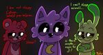 :3 anthro bear bedroom_eyes black_eyes bobby_bearhug bodily_fluids catnap_(poppy_playtime) domestic_cat ears_down ears_up felid feline felis female fur green_body green_fur heart_symbol hoppy_hopscotch jewelry lagomorph leporid male male/female mammal mob_entertainment moon_symbol narrowed_eyes necklace pivoted_ears poppy_playtime pupils purple_body purple_fur rabbit red_body red_fur scut_tail seductive short_tail smile smiling_critters smirk sweat sweatdrop tail text tinky white_pupils
