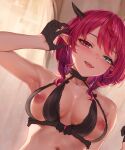 arm_up armpits black_bra black_choker black_gloves blush bra choker collarbone cropped cupless_bra facing_viewer fangs gloves heterochromia hololive horns irys_(hololive) lace lace_bra lipstick looking_at_viewer makeup navel nipples open_mouth padoruu pointy_ears puffy_nipples short_hair teeth underwear upper_body upper_teeth_only window 