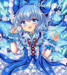  1girl :d aqua_hair blue_background blue_bow blue_dress blue_eyes blush bow cirno commentary_request cross-laced_clothes cross-laced_dress dress embellished_costume hair_bow hands_up ice ice_shard ice_wings looking_at_viewer marker_(medium) puffy_short_sleeves puffy_sleeves rui_(sugar3) sample_watermark short_hair short_sleeves smile snowflakes solo touhou traditional_media upper_body watermark wings wrist_cuffs 