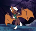 3_fingers 3_toes anthro bat bat_ears bat_tail bat_wings brown_body brown_fur claws eyes_closed fan_character fangs feet female fingers fur fur_tuft gesture grass green_scarf hair hi_res mammal membrane_(anatomy) membranous_wings night open_mouth orange_body orange_fur outside plant scarf scroll solo teeth tf-sential toes tuft walking waving white_body white_fur white_hair wings
