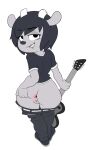 anormaluser anthro anus belt black_clothing black_eyes black_hair black_nose black_topwear bottomwear bottomwear_down bovid butt caprine clothed clothing denim denim_bottomwear denim_clothing ears_down eyelashes female footwear front_view fur genitals grey_body grey_bottomwear grey_clothing grey_footwear grey_fur grey_jeans grey_pants grey_shoes guitar hair hi_res holding_guitar holding_musical_instrument holding_object horn jeans jeans_down looking_at_viewer looking_back looking_back_at_viewer mammal musical_instrument pants pants_down parappa_the_rapper partially_clothed pink_anus pivoted_ears plucked_string_instrument pussy rammy_lamb rear_view sheep shoes short_hair simple_background smile solo sony_corporation sony_interactive_entertainment spread_butt spreading string_instrument topwear um_jammer_lammy white_background white_horn