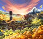  absurdres autumn bell_tower_(pokemon) brass_tower_(pokemon) building cityscape door ecruteak_city harada_midori highres house leaf mountain no_humans official_art outdoors pokemon pokemon_center pokemon_gym pokemon_hgss pokemon_mart road rooftop scenery sky stairs sun third-party_source tower tree twilight wind window 