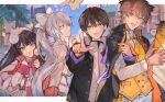  2boys 2girls black_hair bow braid brown_eyes brown_hair commentary_request fushimi_gaku grey_hair hair_bow highres higuchi_kaede holding holding_magnifying_glass jacket kenmochi_touya letterboxed looking_at_viewer magnifying_glass mole mole_under_eye multiple_boys multiple_girls necktie nijisanji open_clothes open_jacket pink_eyes pointing pointing_at_viewer purple_eyes sparkling_eyes tsukino_mito tsuta1218 upper_body vest virtual_youtuber white_bow yellow_necktie yellow_vest 