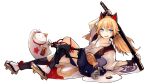  1girl absurdres animal_ears bell black_gloves blonde_hair blue_eyes bushman_idw cat_ears cat_girl cat_tail collarbone fingerless_gloves full_body geta girls&#039;_frontline gloves gun hakama hakama_skirt highres holding holding_sword holding_weapon idw_(girls&#039;_frontline) idw_(roly-poly_ninja_cat)_(girls&#039;_frontline) japanese_clothes jingle_bell katana kimono long_hair looking_at_viewer maneki-neko mineta_naoki official_alternate_costume open_mouth sarashi sheath sheathed simple_background skirt smile submachine_gun sword tabi tail twintails weapon white_background white_kimono 