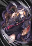  1girl absurdres black_dress blue_eyes closed_mouth dress glasses highres holding holding_paint_palette holding_paintbrush hololive hololive_english laznia long_hair looking_at_viewer mole mole_under_eye ninomae_ina&#039;nis ninomae_ina&#039;nis_(casual) official_alternate_costume paint_palette paintbrush pointy_ears purple_dress purple_hair red-framed_eyewear smile solo tentacle_hair tentacles very_long_hair virtual_youtuber 