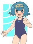  1girl :d animal_print blue_eyes blue_hair blush bright_pupils collarbone commentary_request cowboy_shot fish_print flat_chest freckles hairband hand_up highres lana_(pokemon) looking_at_viewer no_sclera one-piece_swimsuit open_mouth pokemon pokemon_(game) pokemon_sm short_hair smile solo swimsuit thighs tongue white_pupils yellow_hairband yume_yoroi 