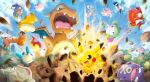  &gt;_o absurdres arms_up artist_request blue_eyes blue_sky charizard chibi cleffa closed_eyes cloud day debris diglett electricity fangs fire flabebe flabebe_(red_flower) flame-tipped_tail geodude gothita highres jigglypuff kirlia koffing magikarp meowth minccino minun motion_blur no_humans official_art one_eye_closed open_mouth outdoors pikachu pink_eyes pokemon pokemon_(creature) pokemon_focus pokemon_rumble pokemon_rumble_rush psyduck skull_and_crossbones sky slowpoke smile stunfisk tail third-party_source vulpix 