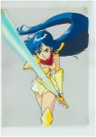  1980s_(style) 1990s_(style) 1girl armor artist_request asou_yuuko bangs bikini_armor blue_eyes blue_hair boots breasts cleavage closed_mouth eyelashes gem gold_armor holding holding_sword holding_weapon knee_boots long_hair midriff miniskirt mugen_senshi_valis official_art red_bandana red_scarf retro_artstyle scarf shirt shoulder_pads skirt sword traditional_media valis very_long_hair weapon white_background white_shirt 