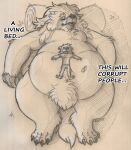 anthro belly belly_bed clothed clothing crotch_tuft duo fangs felid food fruit fur giant_ground_sloth ground_sloth hay hi_res laying_on_another long_fur lying macro male mammal markings mossfoot nude obese obese_anthro obese_male on_back overweight overweight_anthro overweight_male pear pilosan plant prehistoric_species rimworld saber-toothed_tiger sebry sillywerwolf size_difference sleeping sloth teeth text tuft xenarthran