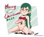  2021 absurd_res blush bottomless christmas clothed clothing crouching disney emira_blight eyebrows female genitals green_hair hair hi_res holidays humanoid mistletoe not_furry plant pussy raised_eyebrow solo the_owl_house thepapercat_(artist) witch_(the_owl_house) yellow_eyes 