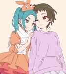  absurdres aqua_hair brown_eyes brown_hair closed_mouth commentary_request cowboy_shot dress eye_contact googly_eyes green_eyes hand_on_another's_shoulder hat highres layered_dress long_hair long_sleeves looking_at_another manimani_(mani_ma) monogatari_(series) nademonogatari one_eye_closed ononoki_yotsugi orange_dress orange_hat present_nadeko purple_sweater sengoku_nadeko short_eyebrows short_hair short_sleeves side-by-side smile sweater thick_eyebrows twintails 