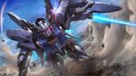  absurdres asymmetrical_dual_wielding battle blue_sky company_name copyright_notice debris delta_plus desert dual_wielding dust_cloud dutch_angle energy_sword flying gundam gundam_unicorn highres holding holding_sword holding_weapon lens_flare machinery mecha mecha_focus mobile_suit mountainous_horizon no_humans official_art painting_(medium) realistic red_eyes robot scan science_fiction shield sky solo sun sunrise_(company) sword tenjin_hidetaka thrusters traditional_media weapon 
