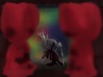 ambiguous_gender anthro blood blood_on_claws blood_on_curtain blurred_background blurred_character bodily_fluids bone dancing duo fur furry_tail gem green_eyes hand_holding holding_face limp mask muenos_mccall_(neoncityrain) neoncityrain on_stage pearl_(gem) rain_world scavenger_(rain_world) skeleton sky star starry_sky tail videocult wearing_mask