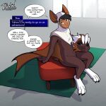 3_fingers 3_toes anthro bat bat_ears bat_tail bat_wings black_hair brown_body brown_fur claws crossgender dialogue fangs feet female fingers frown fur furniture hair hi_res human inside looking_at_viewer male mammal mascot mascot_costume membrane_(anatomy) membranous_wings mole_under_eye mtf_crossgender multicolored_body multicolored_fur on_sofa orange_body orange_fur sitting sitting_on_sofa smile sofa solo teeth tf-sential toes transformation white_body white_fur white_hair wings