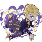  1boy 1other akatsuki19 blonde_hair chibi chibi_only colored_sclera colored_skin commentary commentary_request extra_ears formal_clothes highres jacket jewelry jojo_no_kimyou_na_bouken magatama magatama_necklace male_focus necklace orange_eyes prosciutto purple_eyes purple_jacket purple_skin shirt smoke stand_(jojo) suit the_grateful_dead_(stand) upper_body vento_aureo white_background yellow_sclera yellow_shirt 