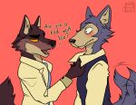  anthro artist_name beastars blush blush_lines bodily_fluids brown_body brown_fur canid canine canis cel_shading clothed clothing countershading dialogue digital_media_(artwork) dreamworks duo fully_clothed fur grey_body grey_fur hi_res legoshi_(beastars) looking_at_another male male/male mammal mr._wolf_(the_bad_guys) red_background shaded shirt simple_background sunny_frostwolf sweat sweatdrop tail_motion tailwag the_bad_guys topwear wolf yellow_eyes 
