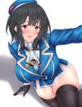  1girl absurdres ascot beret black_gloves black_hair black_thighhighs blue_hat blush breasts gloves hat hiballista highres kantai_collection large_breasts looking_at_viewer military military_uniform open_mouth red_eyes short_hair sitting skirt smile solo takao_(kancolle) thighhighs 