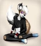  absurd_res anthro artist_muffinvinvin bottomwear brown_body brown_fur canid canine canis character_aku claws clothing denim denim_clothing dirty domestic_dog emo feet fluffy footwear fox fur grey_body grey_fur hi_res hoodie invalid_tag jeans male mammal pants paws piercing pink_eyes sitting skinny slim smelly socks solo tail toes topwear white_body white_fur 