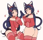  1girl absurdres animal_ears artist_name black_panties blue_eyes blue_hair blue_panties cat_ears cat_girl cat_tail choker commentary cremanata crop_top english_commentary hairband highres long_hair miside mita_(miside) panties pink_choker pink_hairband pink_shirt pink_thighhighs shirt simple_background sparkle striped_clothes striped_panties tail thighhighs two-tone_panties underwear white_background white_panties 