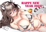 1girl 2022 animal_ears bangs bare_shoulders bikini blue_eyes blush breasts brown_hair cleavage collarbone fake_animal_ears food fruit glasses hairband happy_new_year highres large_breasts long_hair looking_at_viewer lying mandarin_orange new_year on_side oohira_sunset open_mouth original skindentation solo swimsuit tail thighs tiger_ears tiger_stripes tiger_tail white_bikini 