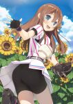  1girl arihara_tsubasa arm_up ass baseball baseball_mitt bike_shorts black_footwear black_gloves black_shorts blue_eyes boots brown_hair cloud commentary_request fingerless_gloves flower from_behind gloves hachigatsu_no_cinderella_nine highres leg_up long_hair looking_at_viewer looking_back outdoors running shirt short_sleeves shorts shorts_under_skirt skirt sky smile solo sport standing standing_on_one_leg striped striped_shirt studded_footwear sunflower thighs tsubure_manjuu white_shirt white_skirt wind wind_lift 