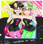  +_+ 2025 2girls anniversary black_dress black_hair black_jumpsuit bow-shaped_hair callie_(splatoon) callie_(squid_sisters_outfit)_(splatoon) cousins detached_collar dress earrings fangs food food_on_head gloves gradient_hair green_pantyhose grey_hair hand_on_another&#039;s_back hand_up highres hoop_earrings hoshinokotta inkling jewelry jumpsuit long_hair marie_(splatoon) marie_(squid_sisters_outfit)_(splatoon) mole mole_under_eye multicolored_hair multiple_girls object_on_head one_eye_closed open_mouth pantyhose pink_pantyhose pointy_ears short_dress short_jumpsuit smile splatoon_(series) strapless strapless_dress strapless_jumpsuit sushi swept_bangs tentacle_hair twintails unitard updo white_gloves wii_u_gamepad yellow_eyes 