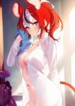  2girls absurdres animal_ear_fluff animal_ears arm_behind_back blue_eyes breasts crossed_bangs door hakos_baelz highres holding holding_towel hololive hololive_english irys_(hololive) jiang_ye_kiri large_breasts looking_at_viewer mouse_ears mouse_tail multicolored_hair multiple_girls open_clothes open_shirt pov pov_hands red_hair shirt streaked_hair tail towel virtual_youtuber white_shirt 