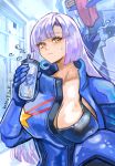  1girl aeug black_bra blue_bodysuit bodysuit bottle bra breasts commentary_request dated drink gundam gundam_zz hangar helmet highres holding holding_bottle holding_drink long_hair looking_at_viewer mecha_pilot_suit medium_breasts okrdisk2000 open_clothes purple_eyes purple_hair roux_louka solo sports_bra underwear unworn_headwear unworn_helmet water_bottle zero_gravity zeta_gundam_(mobile_suit) 