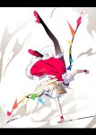  1girl absurdres ascot bow collared_shirt commentary_request dodging dutch_angle dynamic_pose flandre_scarlet frilled_skirt frills handstand hat hat_bow highres letterboxed multicolored_wings nubezon one_arm_handstand partial_commentary puffy_short_sleeves puffy_sleeves red_bow red_shoes red_skirt shirt shoes short_sleeves skirt small_pupils smoke solo touhou white_hat wings wristband yellow_ascot 