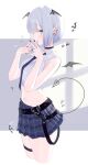  1girl :q absurdres armpit_crease bare_arms bare_shoulders belt black_choker black_nails blue_eyes blue_skirt choker closed_mouth collared_shirt crop_top cropped_legs demon_tail detached_wings ear_piercing from_side hashtag-only_commentary head_wings highres jewelry kaga_sumire looking_at_viewer meercat_dayo midriff mini_wings miniskirt nail_polish navel necktie piercing pleated_skirt pointy_ears ring shirt short_hair skirt sleeveless sleeveless_shirt smile solo steepled_fingers stomach stomach_piercing sweat tail thigh_strap thighs tongue tongue_out virtual_youtuber vspo! white_hair white_shirt wings 