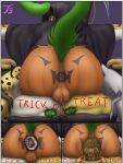 after_vore anal anal_penetration anal_vore anthro anus backsack balls big_breasts big_butt bodily_fluids bodypaint bone bones_in_feces border breasts butt canid canine clothed clothing crying death digital_media_(artwork) disposal english_text fatal_vore feces female food forced fruit fur genitals group hair halloween hi_res holidays jack-o&#039;-lantern looking_at_viewer looking_back male mammal nipples painted_butt partially_inside penetration plant pooping pumpkin pumpkin_butt raised_tail scatplay simple_background sitting sitting_on_breasts skull skull_head smile tail tears text tigerboy0916 vore