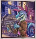  2021 absurd_res anthro clothed clothing detailed_background fangs green_body green_scales head_spikes hi_res holding_object holding_pen male necktie outside pen reptile savaj_bunny scales scalie solo spikes spikes_(anatomy) text 