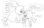 2025 anthro big_jim_(dog_man) blush clothing dialogue dog_man_(series) domestic_cat duo english_text eyewear felid feline felis glasses grampa_(dog_man) hi_res male mammal open_mouth overweight shirt simple_background smile teddyclowns text topwear white_background