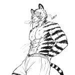  2021 abs anthro artist_name beastars biceps bill_(beastars) bodily_fluids bottomwear clothed clothing dat_(artist) digital_media_(artwork) felid hands_behind_back hi_res looking_forward male mammal monochrome muscular pantherine pecs portrait shorts simple_background sketch solo steam sweat three-quarter_portrait tiger topless topless_anthro topless_male whiskers white_background 