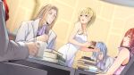  2girls 3boys blonde_hair blurry blurry_background blush book book_stack brown_hair character_request cup dress gogo_(detteiu_de) grey_hair hand_on_own_face highres holding holding_pen indoors kairi_(kingdom_hearts) kingdom_hearts long_hair mug multiple_boys multiple_girls namine neckerchief pen purple_neckerchief sweatdrop table teacup vexen white_dress 