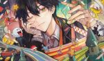  1boy banana_peel bandaged_hand bandages biddybuggy black_jacket blooper_(mario) boo_(mario) bunting castle closed_mouth coin collared_shirt commentary_request crossover fushimi_gaku_(1st_costume) head_rest headband highres jacket looking_at_viewer male_focus mario_(series) mario_kart nijisanji one_eye_closed pennant red_headband red_shell_(mario) red_yoshi shirt solo string_of_flags super_star_(mario) tsuta1218 upper_body virtual_youtuber yoshi 