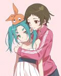  2girls absurdres bare_shoulders brown_hair commentary_request cowboy_shot dress expressionless eye_contact googly_eyes green_eyes heart highres hug hug_from_behind jacket long_hair looking_at_another manimani_(mani_ma) monogatari_(series) multiple_girls nademonogatari one_eye_closed ononoki_yotsugi pink_background pink_jacket present_nadeko sengoku_nadeko short_eyebrows short_hair sleeveless sleeveless_dress smile standing thick_eyebrows track_jacket twintails white_dress 